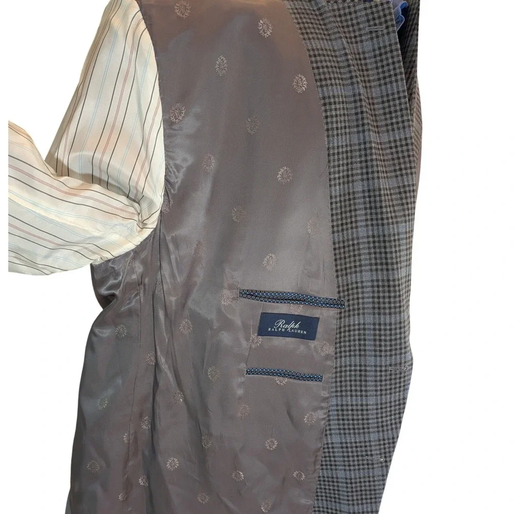 Ralph Lauren Executive‎ Silk Wool Glen Plaid Sport Coat Blazer Grey Blue 54R